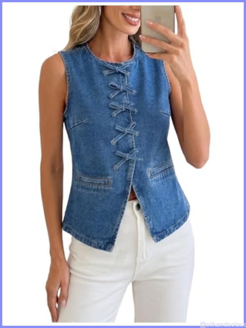 Sleeveless Denim Vest Bow Front Jean Vest Women's Fitted